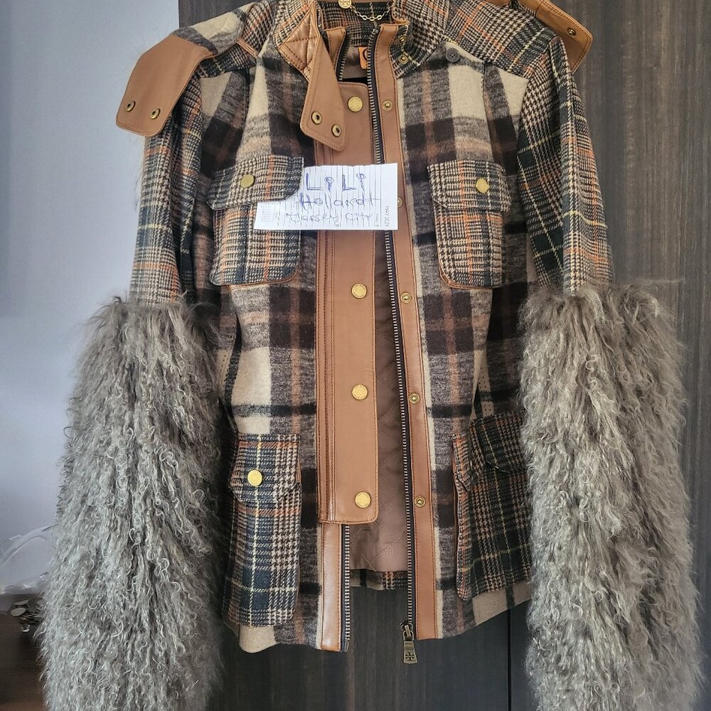 Tory Burch Plaid Wool Jacket Faux Fur Sleeves Detachable Hood